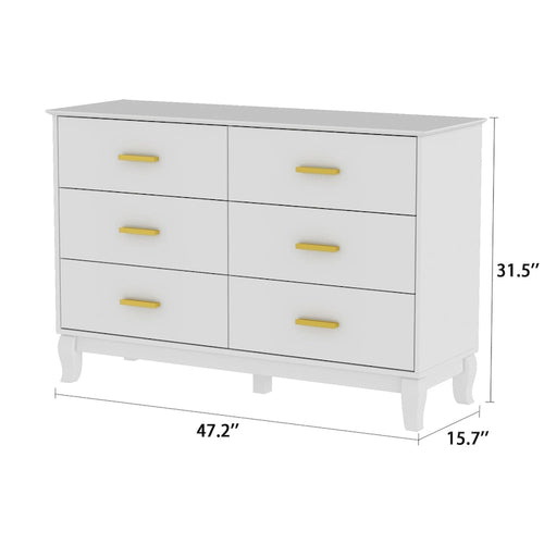 6-Drawer Wood Dresser Lacquer Finish with Gold Handles White Black