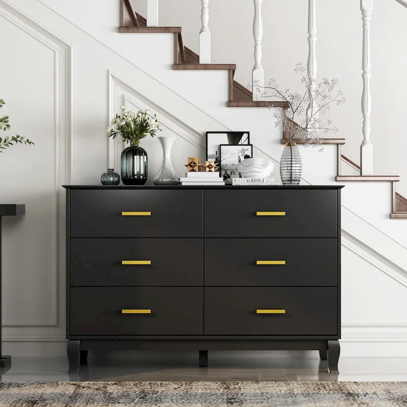 6-Drawer Wood Dresser Lacquer Finish with Gold Handles White Black