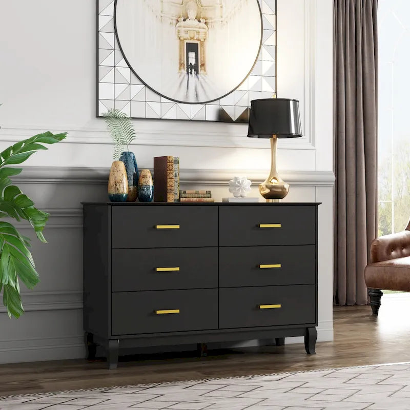 6-Drawer Wood Dresser Lacquer Finish with Gold Handles White Black
