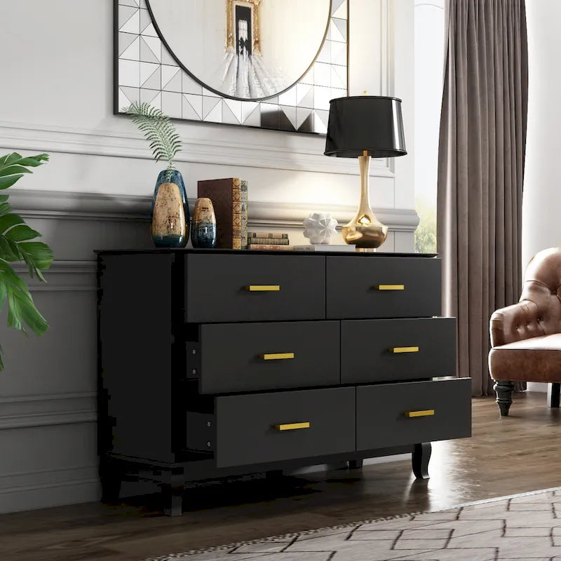 6-Drawer Wood Dresser Lacquer Finish with Gold Handles White Black