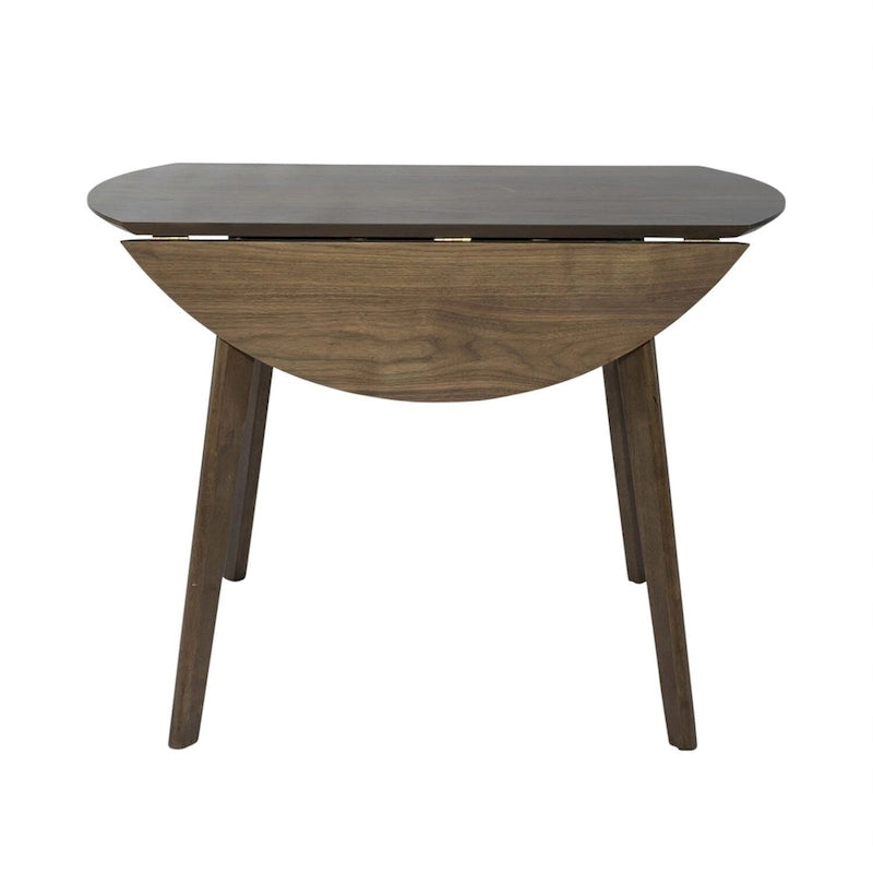 Round Drop Leaf Dining Table in Walnut Finish Rubberwood and Veneer with Splayed Legs