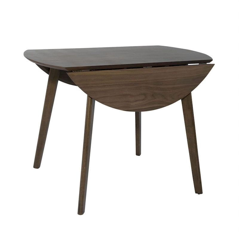 Round Drop Leaf Dining Table in Walnut Finish Rubberwood and Veneer with Splayed Legs
