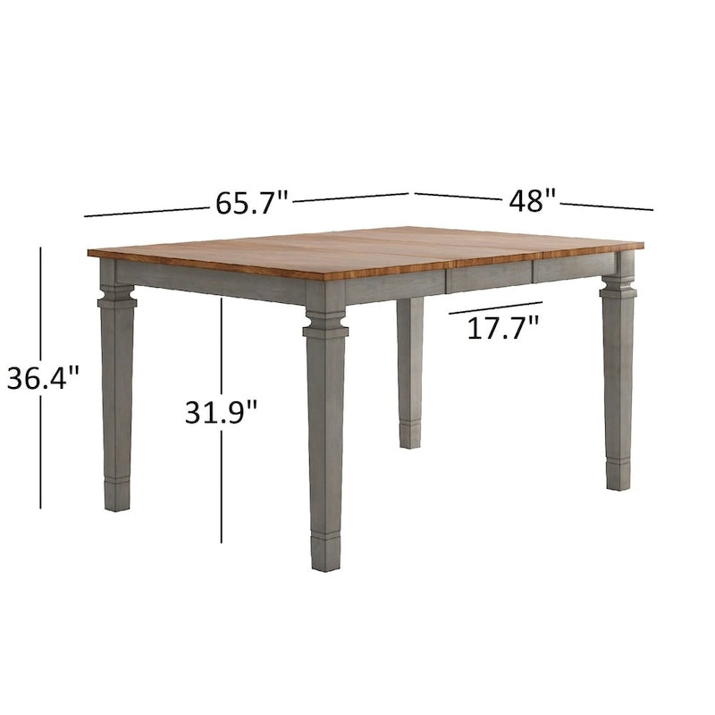 Extendable Counter Height Dining Table in Solid Rubberwood with Distressed Finish Square Legs and 17.7-Inch Leaf Seats 6
