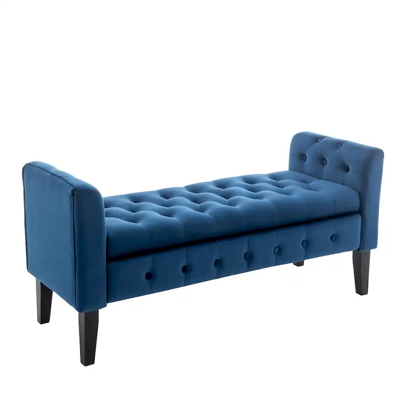Velvet Storage Bench with Button Tufts Low Armrests and Rubberwood Legs