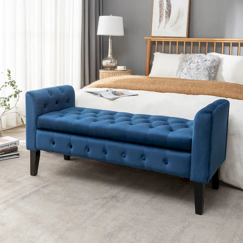 Velvet Storage Bench with Button Tufts Low Armrests and Rubberwood Legs