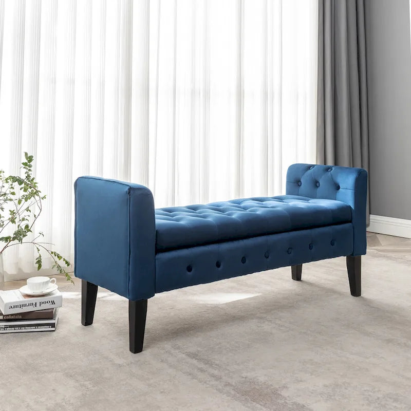 Velvet Storage Bench with Button Tufts Low Armrests and Rubberwood Legs