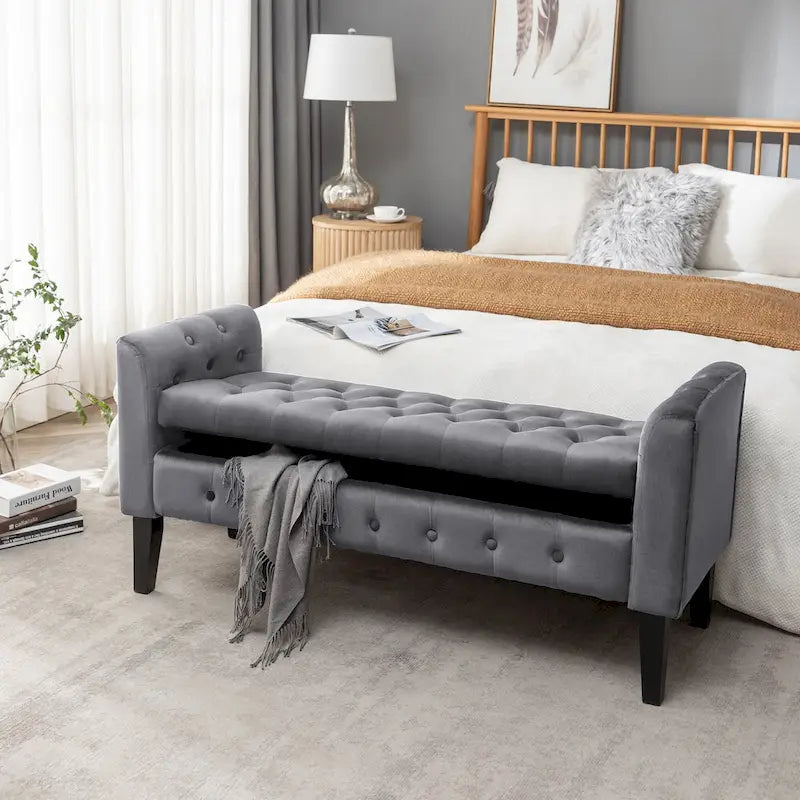 Velvet Storage Bench with Button Tufts Low Armrests and Rubberwood Legs