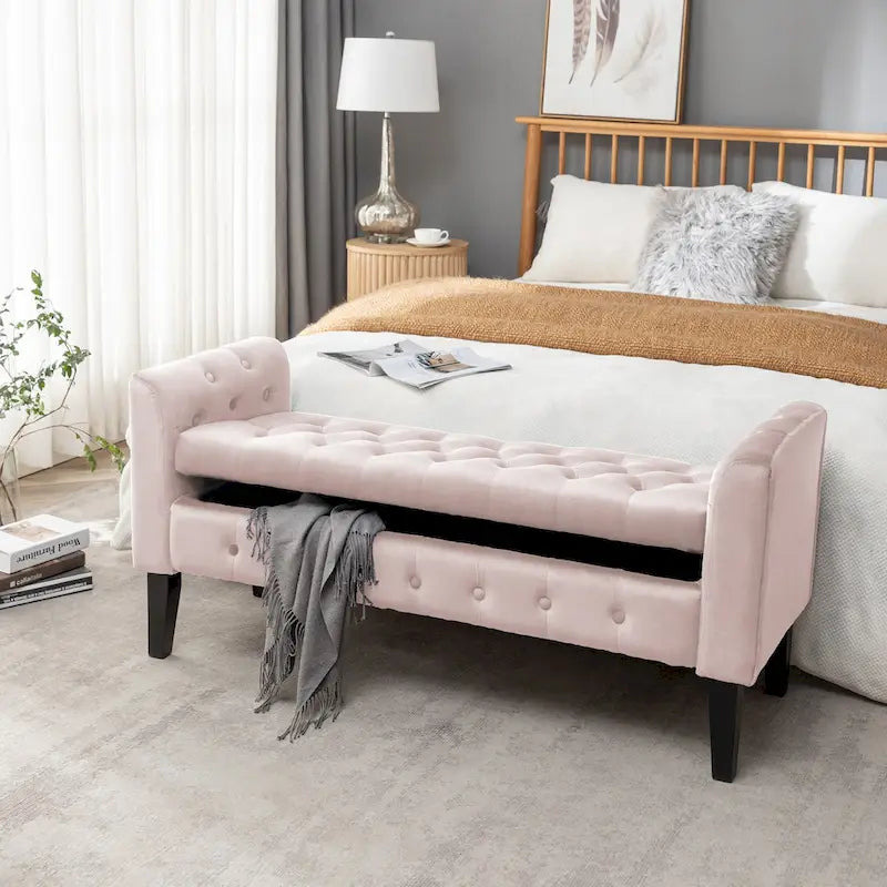 Velvet Storage Bench with Button Tufts Low Armrests and Rubberwood Legs