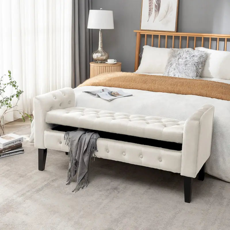 Velvet Storage Bench with Button Tufts Low Armrests and Rubberwood Legs