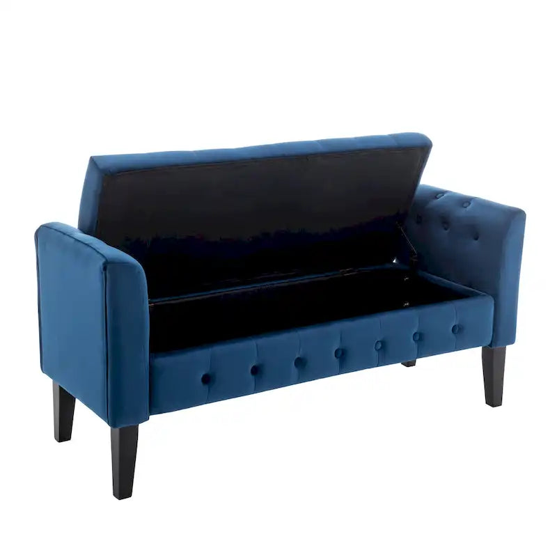 Velvet Storage Bench with Button Tufts Low Armrests and Rubberwood Legs