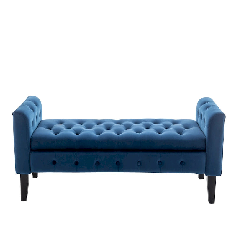 Velvet Storage Bench with Button Tufts Low Armrests and Rubberwood Legs