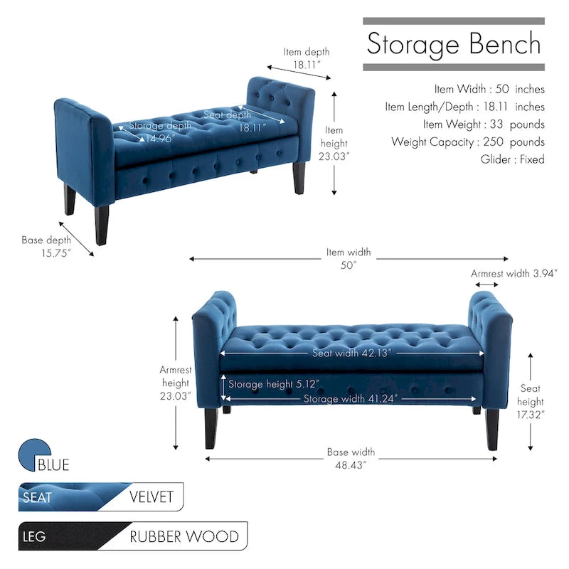Velvet Storage Bench with Button Tufts Low Armrests and Rubberwood Legs