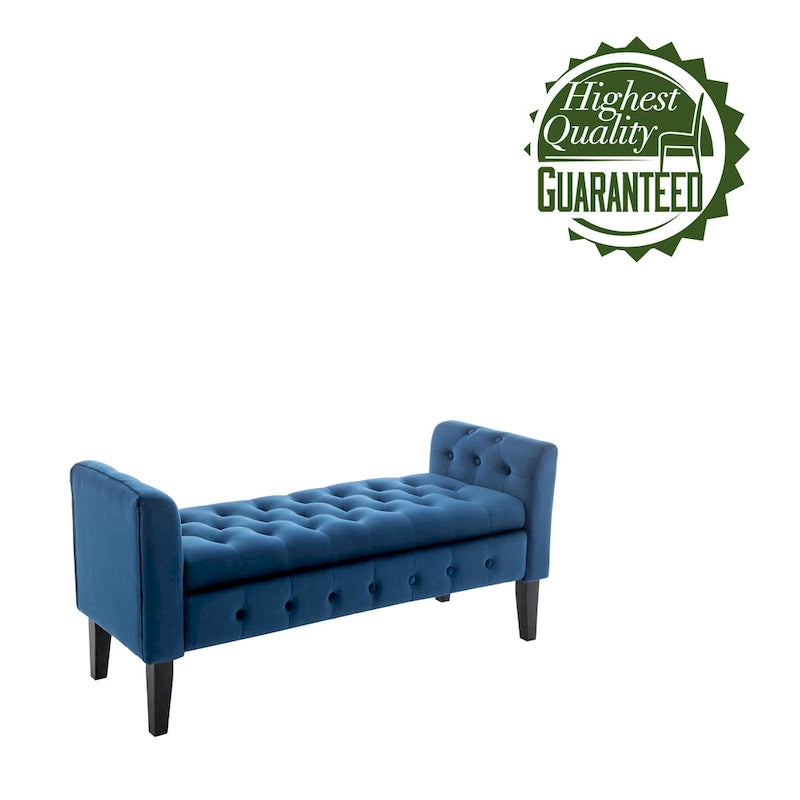 Velvet Storage Bench with Button Tufts Low Armrests and Rubberwood Legs