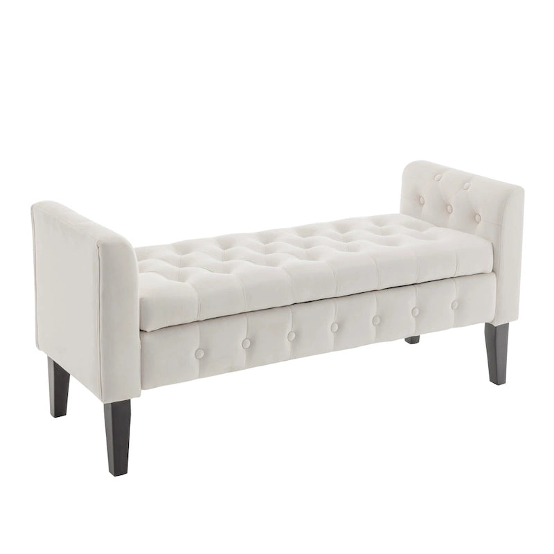 Velvet Storage Bench with Button Tufts Low Armrests and Rubberwood Legs