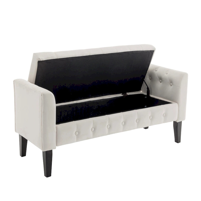 Velvet Storage Bench with Button Tufts Low Armrests and Rubberwood Legs
