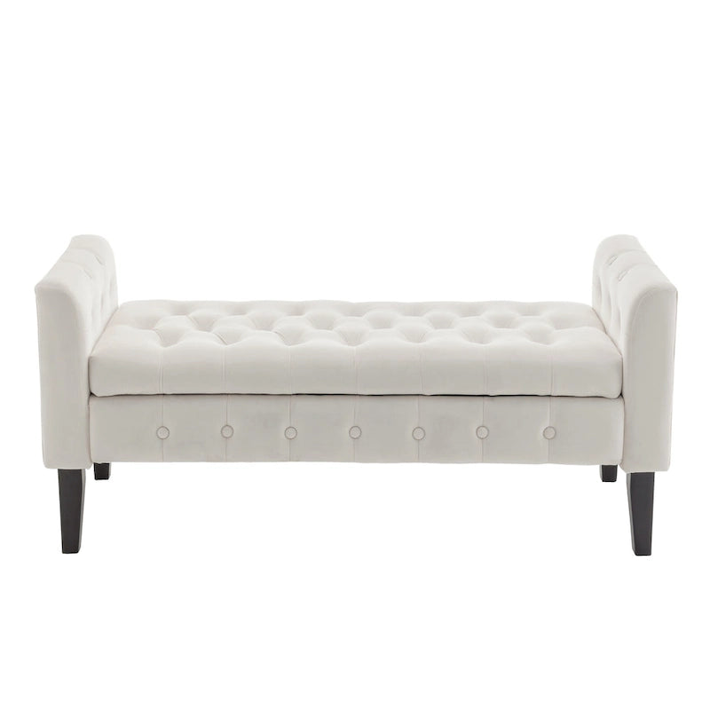 Velvet Storage Bench with Button Tufts Low Armrests and Rubberwood Legs