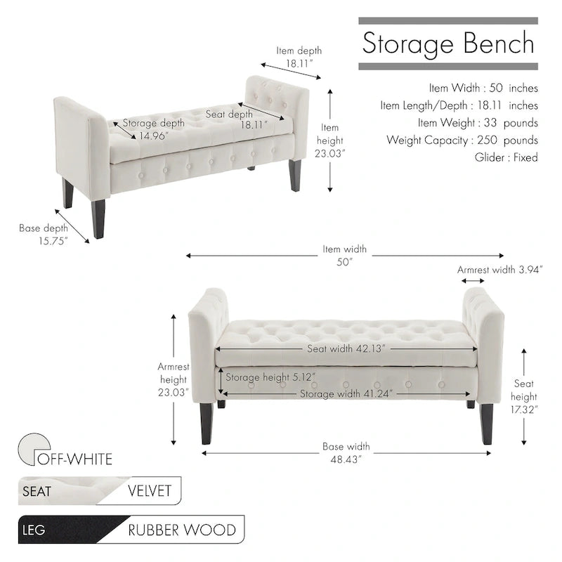 Velvet Storage Bench with Button Tufts Low Armrests and Rubberwood Legs