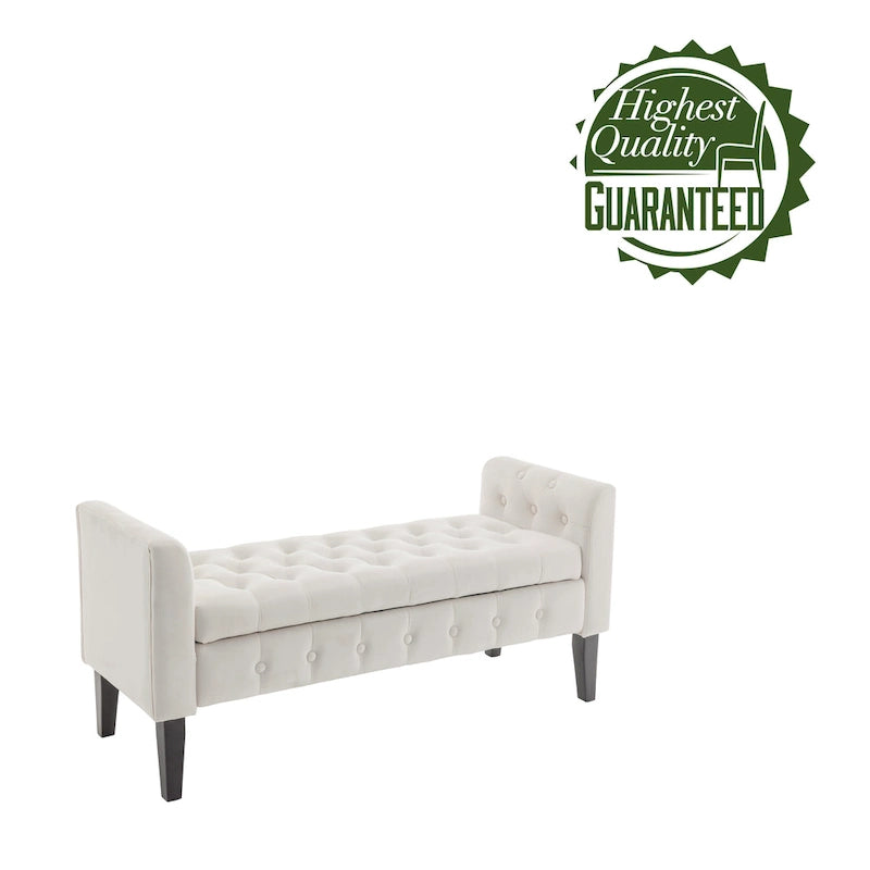 Velvet Storage Bench with Button Tufts Low Armrests and Rubberwood Legs