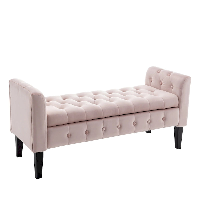 Velvet Storage Bench with Button Tufts Low Armrests and Rubberwood Legs