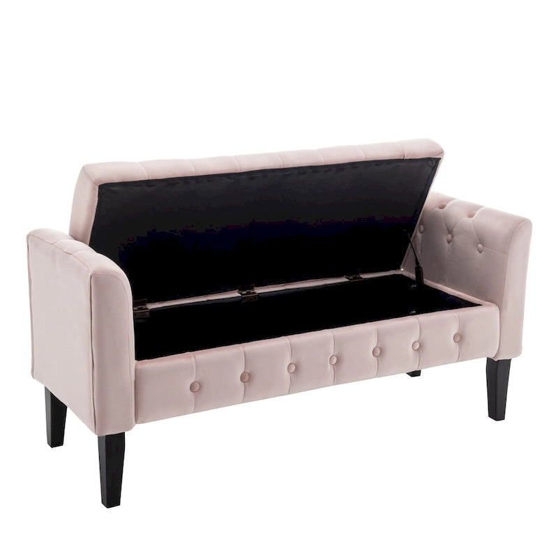 Velvet Storage Bench with Button Tufts Low Armrests and Rubberwood Legs