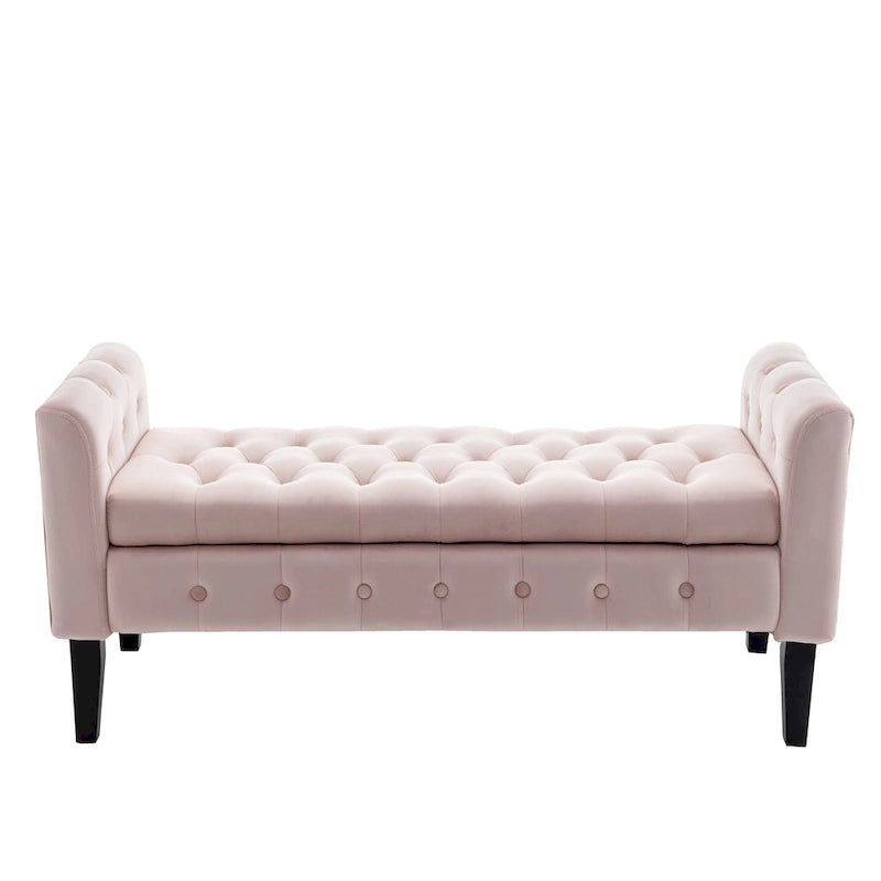 Velvet Storage Bench with Button Tufts Low Armrests and Rubberwood Legs
