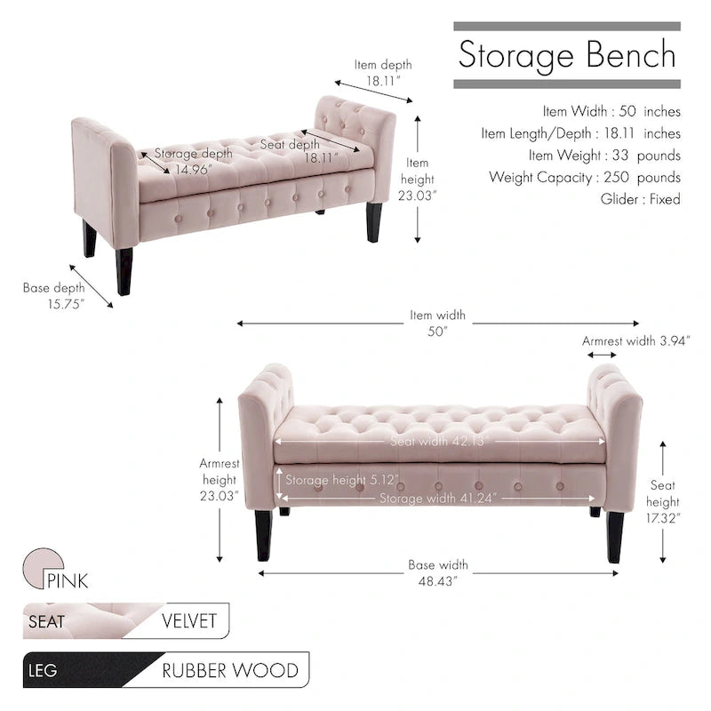 Velvet Storage Bench with Button Tufts Low Armrests and Rubberwood Legs