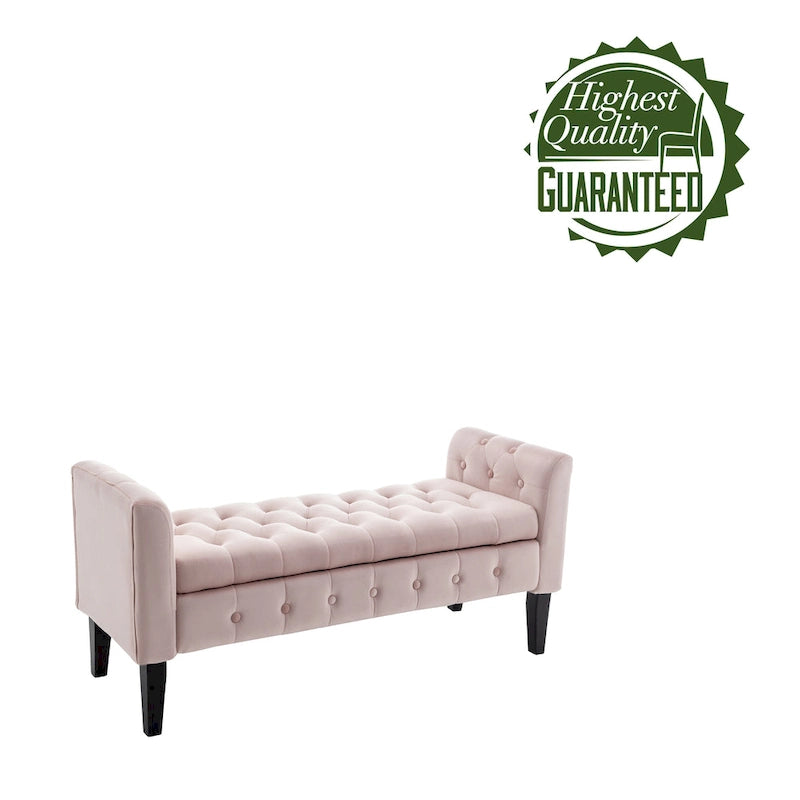 Velvet Storage Bench with Button Tufts Low Armrests and Rubberwood Legs