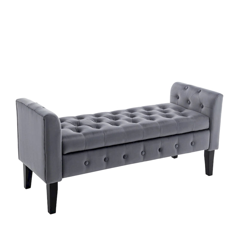 Velvet Storage Bench with Button Tufts Low Armrests and Rubberwood Legs