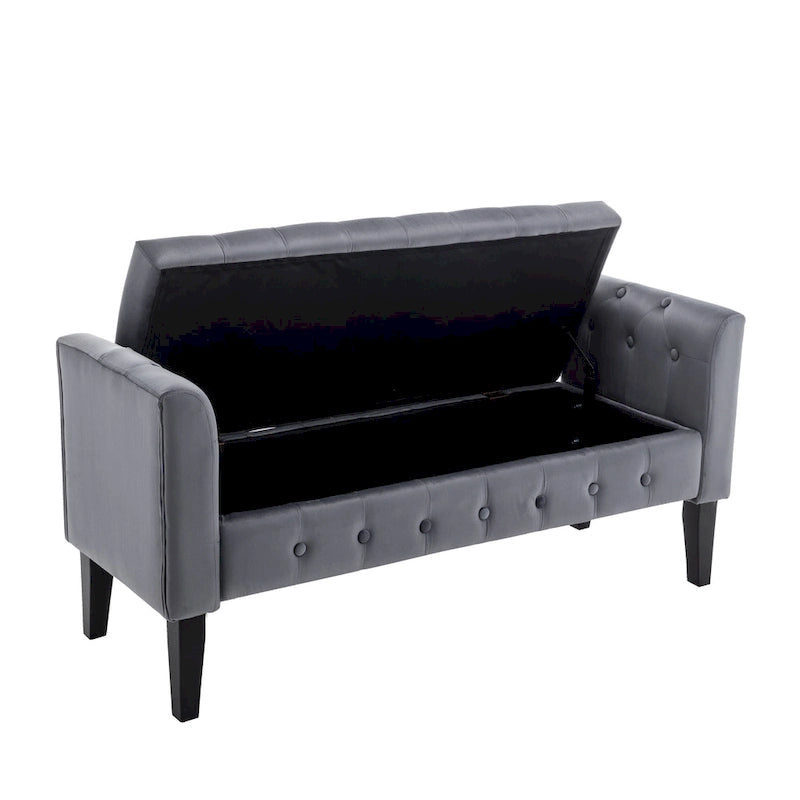 Velvet Storage Bench with Button Tufts Low Armrests and Rubberwood Legs