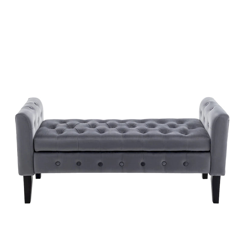 Velvet Storage Bench with Button Tufts Low Armrests and Rubberwood Legs
