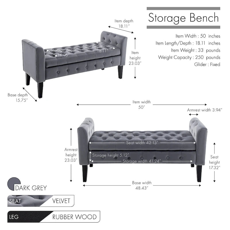 Velvet Storage Bench with Button Tufts Low Armrests and Rubberwood Legs