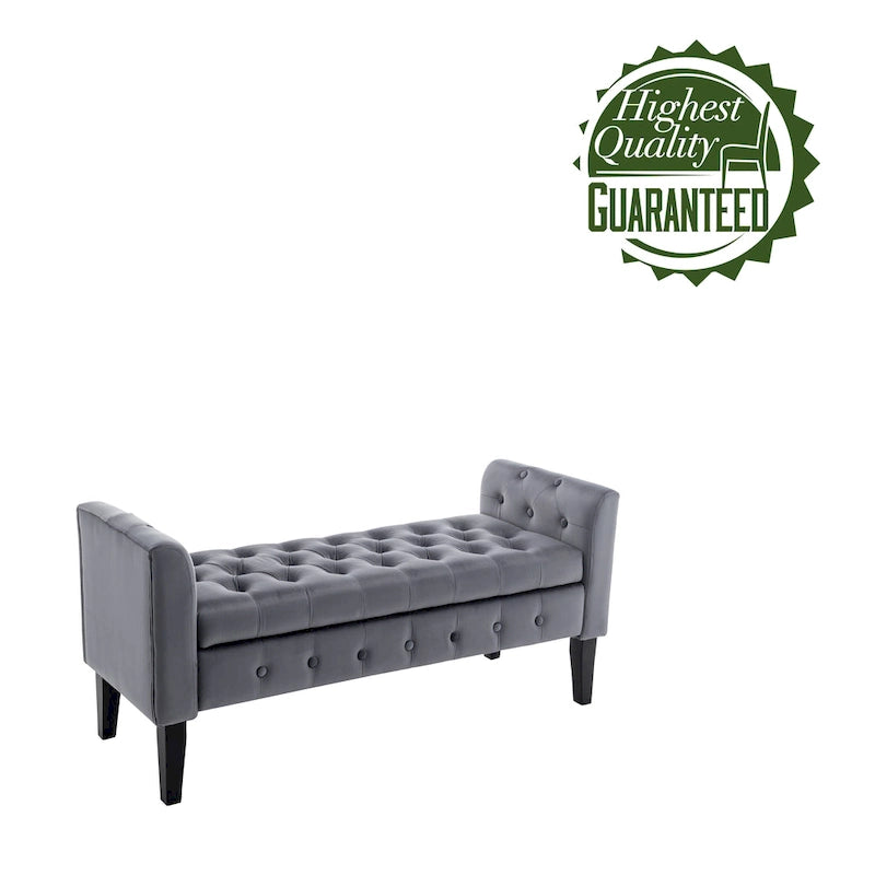 Velvet Storage Bench with Button Tufts Low Armrests and Rubberwood Legs