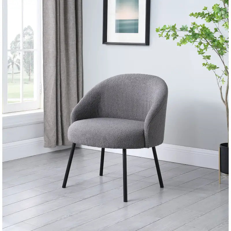 Modern Barrel Accent Chair in Sherpa or Velvet Upholstery with Angled Black Metal Legs