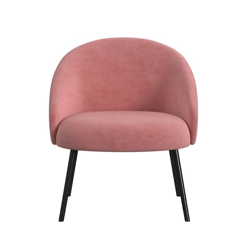 Modern Barrel Accent Chair in Sherpa or Velvet Upholstery with Angled Black Metal Legs