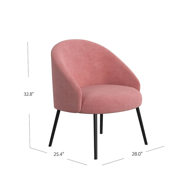Modern Barrel Accent Chair in Sherpa or Velvet Upholstery with Angled Black Metal Legs