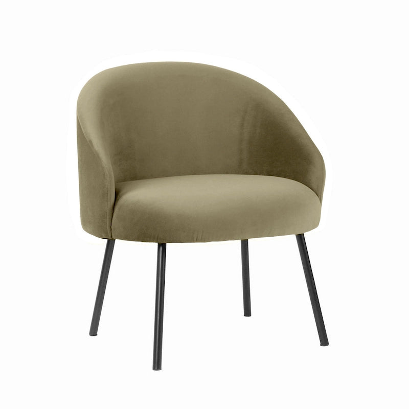 Modern Barrel Accent Chair in Sherpa or Velvet Upholstery with Angled Black Metal Legs