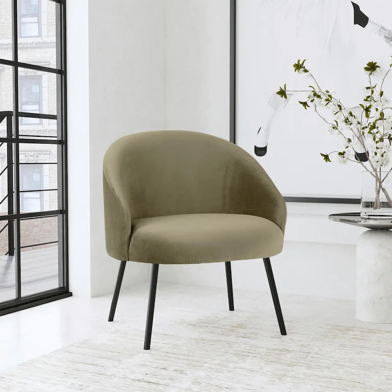Modern Barrel Accent Chair in Sherpa or Velvet Upholstery with Angled Black Metal Legs