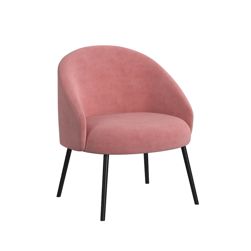 Modern Barrel Accent Chair in Sherpa or Velvet Upholstery with Angled Black Metal Legs
