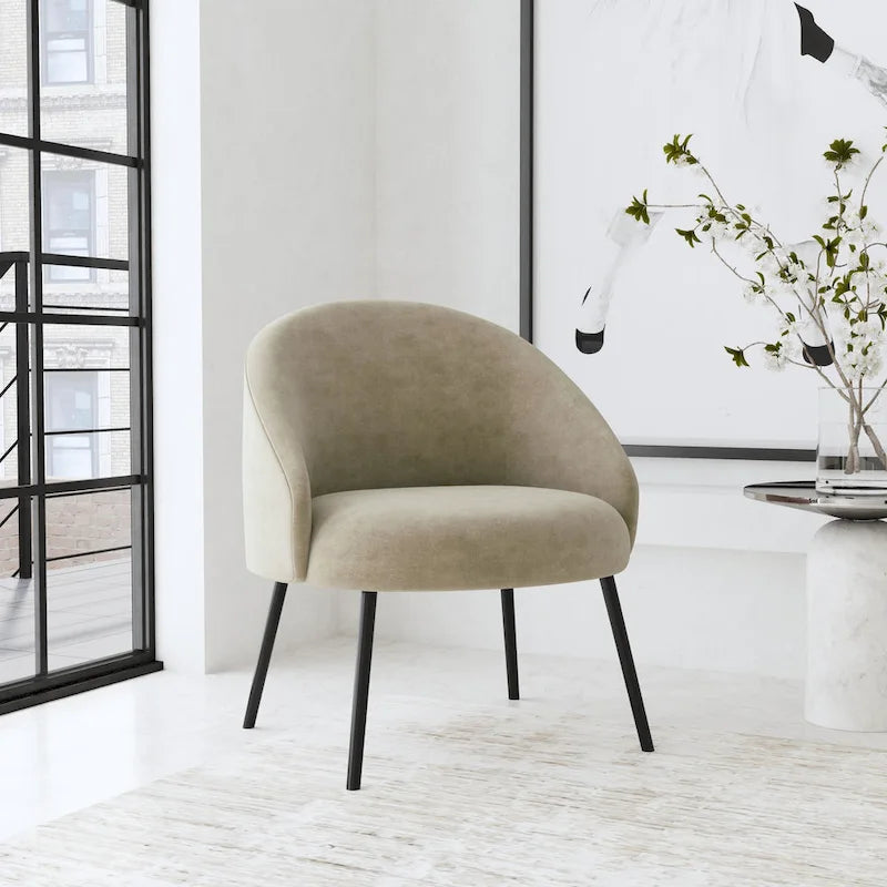 Modern Barrel Accent Chair in Sherpa or Velvet Upholstery with Angled Black Metal Legs