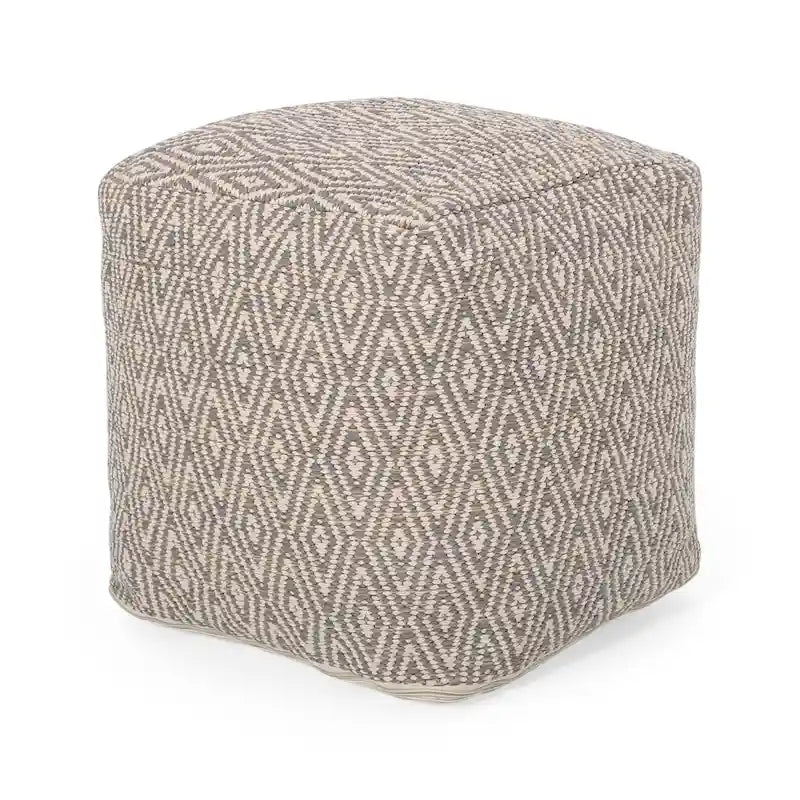 Hand-Loomed Cotton Cube Pouf with Diamond Pattern and Polystyrene Fill