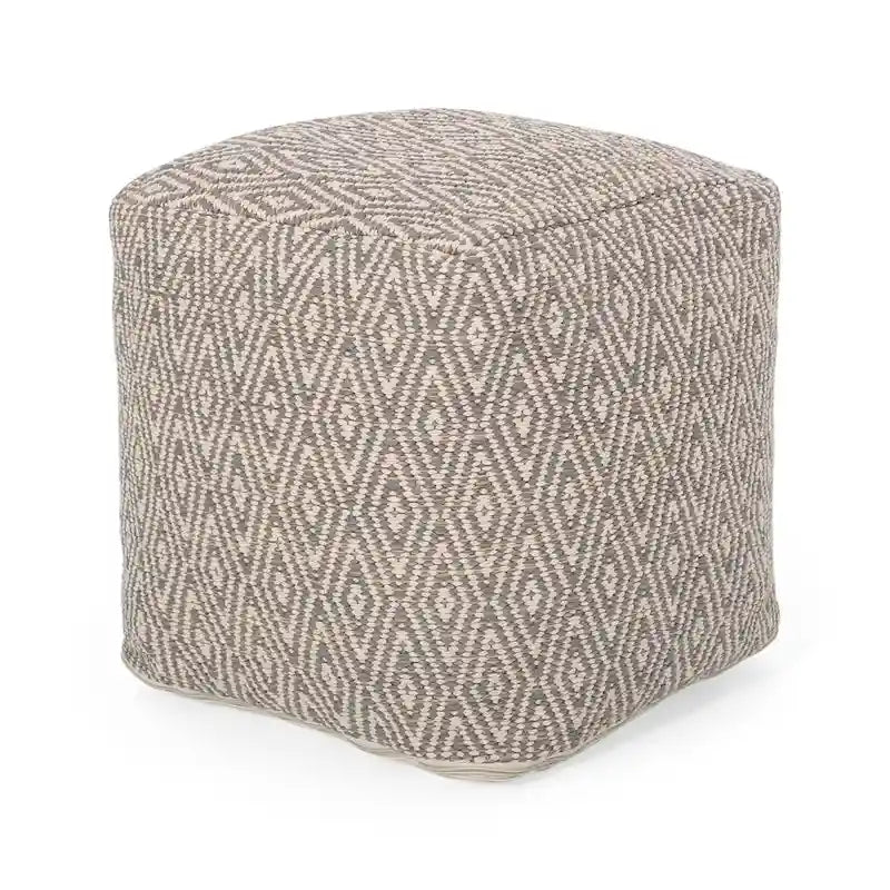Hand-Loomed Cotton Cube Pouf with Diamond Pattern and Polystyrene Fill