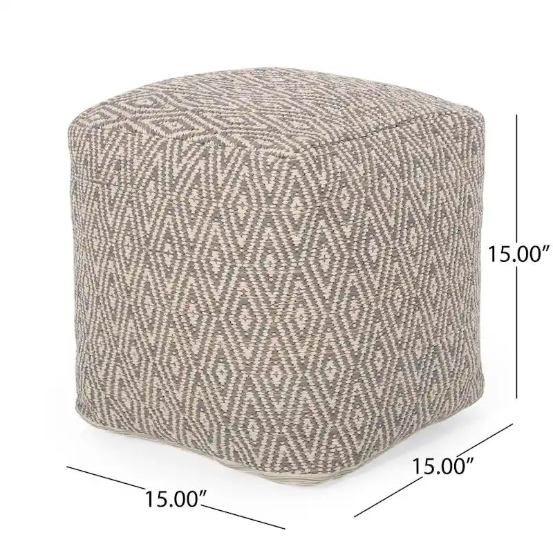 Hand-Loomed Cotton Cube Pouf with Diamond Pattern and Polystyrene Fill