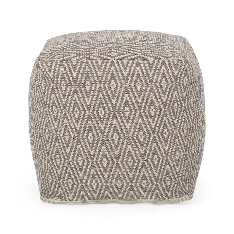 Hand-Loomed Cotton Cube Pouf with Diamond Pattern and Polystyrene Fill