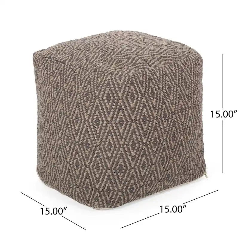 Hand-Loomed Cotton Cube Pouf with Diamond Pattern and Polystyrene Fill
