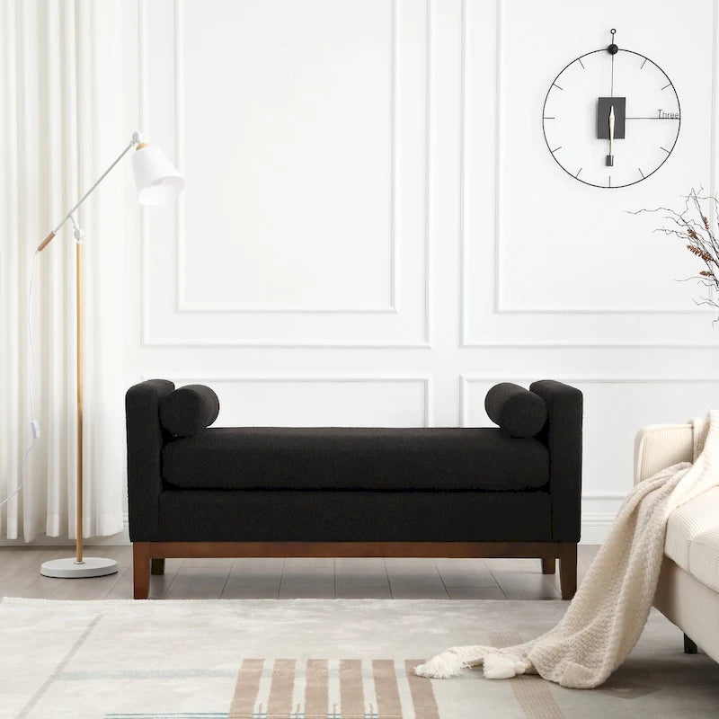 Upholstered Boucle Bench with Bolster Pillows and Fluted Wood Base for Bedroom or Entryway