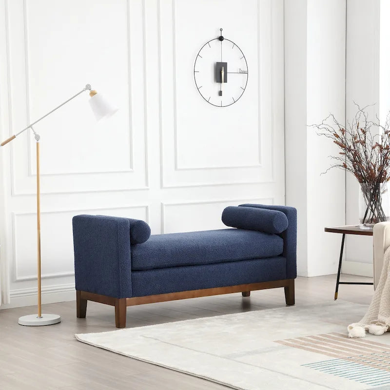 Upholstered Boucle Bench with Bolster Pillows and Fluted Wood Base for Bedroom or Entryway