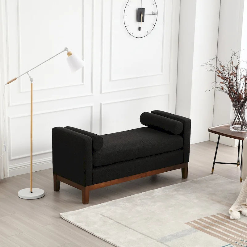 Upholstered Boucle Bench with Bolster Pillows and Fluted Wood Base for Bedroom or Entryway