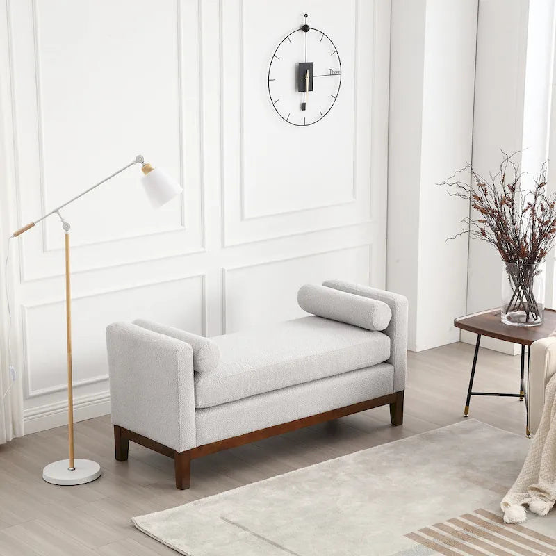 Upholstered Boucle Bench with Bolster Pillows and Fluted Wood Base for Bedroom or Entryway