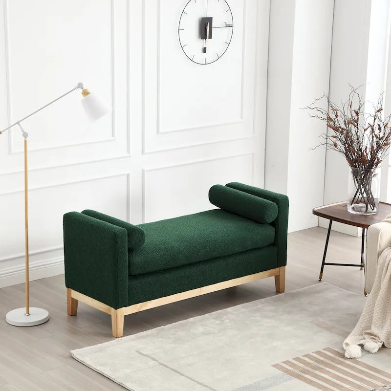 Upholstered Boucle Bench with Bolster Pillows and Fluted Wood Base for Bedroom or Entryway