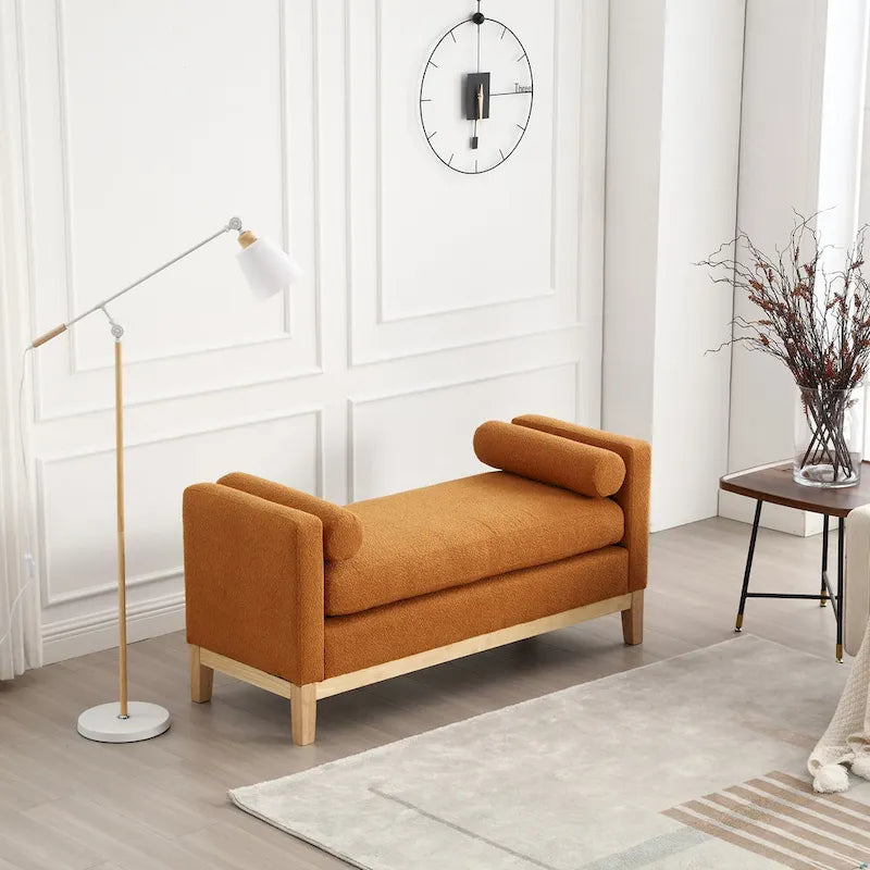 Upholstered Boucle Bench with Bolster Pillows and Fluted Wood Base for Bedroom or Entryway